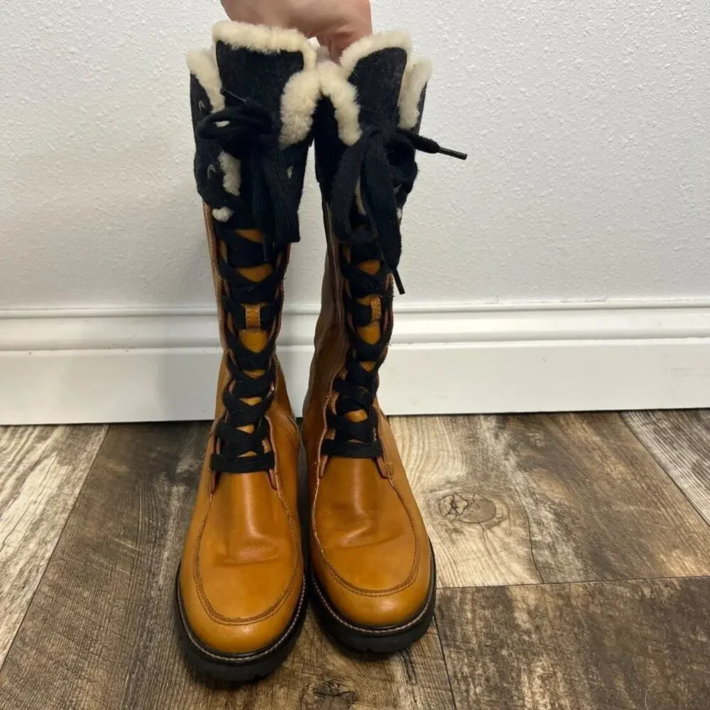 Cole Hann Henson Tall Leather Boots Camel Sherling Lace Up Lug Sole Size 6 1/2